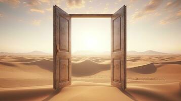 ai generado el abrió puerta en el desierto. desconocido y comienzo arriba concepto. ai generado. foto