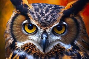 AI generated Owl headshot with closeup of face. Generative AI photo