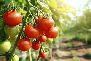 AI generated Fresh bunch of red natural tomatoes on a branch in vegetable garden. AI Generated photo