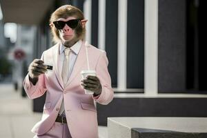 ai generado un mono es vistiendo Gafas de sol, traje y en pie en calle. ai generado foto