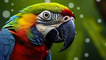 ai generado tropical guacamayo encaramado, vibrante plumas en enfocar. generativo ai foto