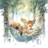 AI generated A sleepy baby deer in a hammock. watercolor illustration. AI Generated photo