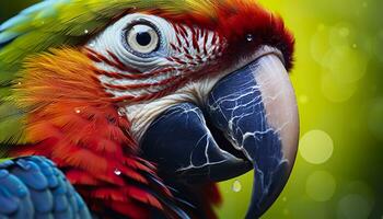 ai generado tropical guacamayo encaramado, vibrante plumas en enfocar. generativo ai foto