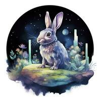 AI generated Watercolor Rabbit and Glowing Moon for T-shirt Design. AI Generated photo