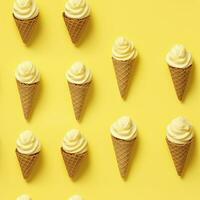 AI generated Ice Cream pattern on yellow background, top view. AI Generated photo