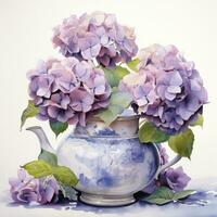 AI generated Watercolor hydrangeas in teapot isolated on white background. AI Generated photo