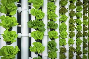 AI generated Vertical Hydroponic Plant System With Cultivated Lettuces. AI Generated photo