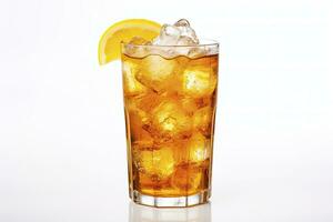 AI generated A glass of orange soda water with ice cubes on white background. AI Generated photo