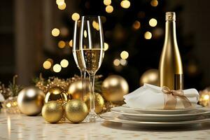 AI generated Christmas table setting with holiday decorations in gold color. AI Generated photo