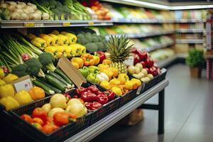 AI generated Fruits and vegetables on shop stand in supermarket grocery store. AI Generated photo