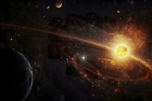 AI generated Our 3d Solar system with planets in orbits path. AI Generative photo