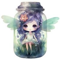 AI generated Watercolor Fantasy Pastel Goth Tiny Fairy in a Jar. AI Generated photo