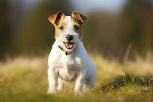 ai generado contento Jack Russell terrier mascota perro espera, escuchando en el césped. ai generado foto