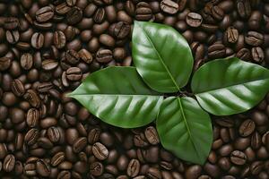 AI generated Green leaves with coffee beans as background. AI Generated photo