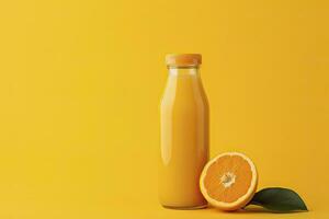 AI generated Orange Juice bottle on orange background. AI Generated photo