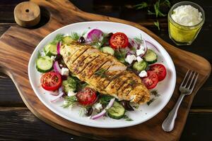AI generated Seared chicken breast and Greek salad on a wooden table. Generative AI photo