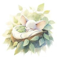 AI generated A sleepy baby mouse in a bedding, watercolor illustration.  AI Generated photo