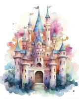 AI generated Colorful watercolor kawaii castle isolated on white background. AI Generated photo