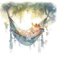 AI generated A sleepy baby giraffe in a hammock. watercolor illustration. AI Generated photo