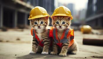 ai generado dos gatitos vistiendo difícil sombreros en un construcción sitio. generativo ai foto