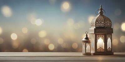 AI generated Celebration of islamic eid mubarak and eid al adha lantern in a light background. AI Generated photo