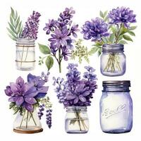 AI generated Collection of watercolor mason jars with purple flowers clipart. AI Generated photo