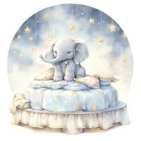 AI generated An elephant on a bed with stars and blankets around the circle. AI Generated photo