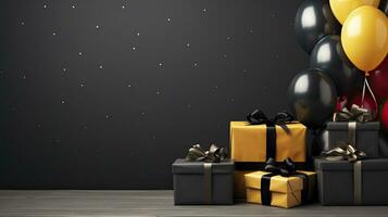 AI generated Black Friday sale banner with ballon and gift box space for text. AI Generated photo