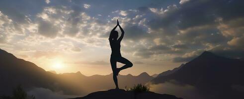 AI generated silhouette of a woman practicing yoga in the summit with mountain Background. AI Generated photo