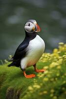 AI generated Puffin bird on a green grass patch. AI Generated photo