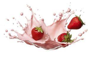 AI generated milk or yogurt splash with strawberries isolated on white background, 3d rendering. AI Generated photo