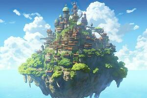 AI generated Ancient Heavenly Floating island in the sky with a castle, vibrant, fantasypunk, AI Generative photo