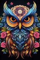 AI generated Multicolored mandala owl coloring page for adults. AI Generated photo