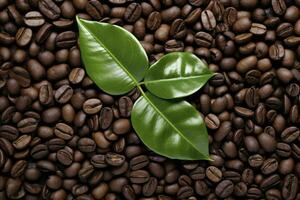 AI generated Green leaves with coffee beans as background. AI Generated photo