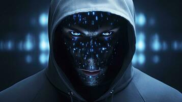 AI generated Binary Intrigue. Anonymous robotic hacker. Concept of hacking. AI Generated photo