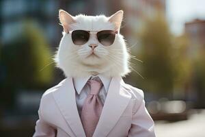 ai generado un gato es vistiendo Gafas de sol, traje y en pie en calle. ai generado foto