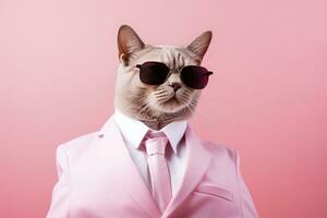 AI generated A cat is wearing sunglasses and suit on Pink Background. AI Generated photo