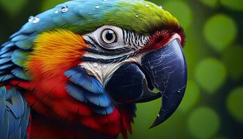 ai generado tropical guacamayo encaramado, vibrante plumas en enfocar. generativo ai foto