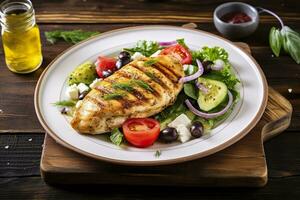 AI generated Seared chicken breast and Greek salad on a wooden table. Generative AI photo
