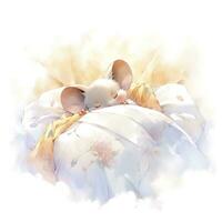 AI generated A sleepy baby mouse in a bedding, watercolor illustration.  AI Generated photo