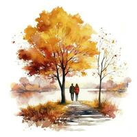 AI generated Watercolor autumn landscape with a couple walking. AI Generated photo