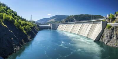 ai generado hidroeléctrico represa generando verde energía desde fluido agua. ai generado. foto