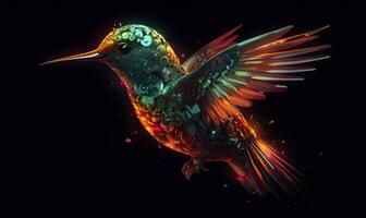 AI generated hummingbird logo with multiple colors flying through the air.  AI Generated photo