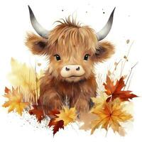 AI generated Happy cute baby highland cow in autumn leaves in the watercolor style. AI Generated photo