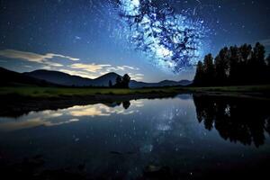 ai generado lechoso camino reflejado en lago. ai generado foto