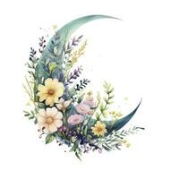 AI generated Watercolor floral Moon with greenery on a white background. AI Generated photo