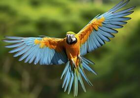 AI generated Flying macaw, beautiful bird. Generative AI photo