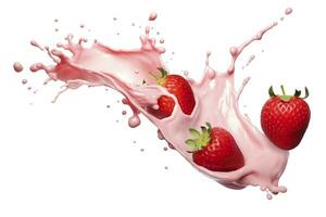 AI generated milk or yogurt splash with strawberries isolated on white background, 3d rendering. AI Generated photo