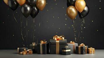 AI generated Black Friday sale banner with ballon and gift box space for text. AI Generated photo