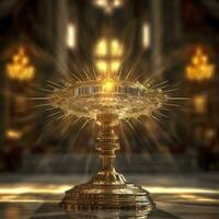 AI generated The golden monstrance with a little transparent crystal center, consecrated host. church defocused background. AI Generative photo